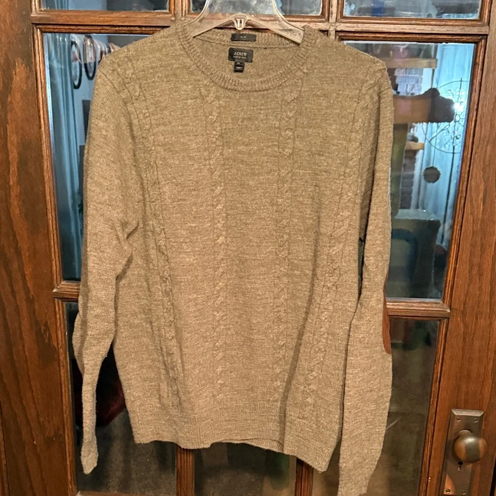 J.Crew Mens Merino Wool Slim Fit Cable Knit Sweater Brown Elbow Patches XL